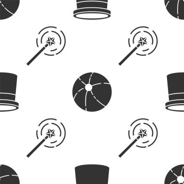 Set Magician hat, Beach ball and Magic wand on seamless pattern. Vector.