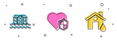 Set House flood, Life insurance with shield and  icon. Vector