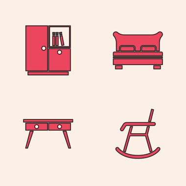 Koltuk, gardırop, büyük yatak ve ofis masası ikonu hazırla. Vektör