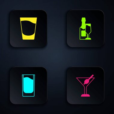 Set Martini glass, Shot,  and Champagne bottle and. Black square button. Vector
