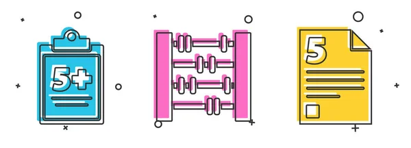 Set Prueba Hoja Examen Abacus Prueba Icono Hoja Examen Vector — Vector de stock