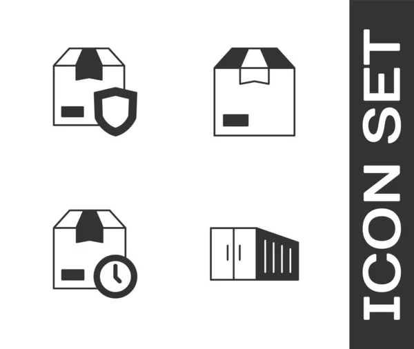 Set Container Liefersicherheit Mit Schild Kartonuhr Und Kartonsymbol Vektor — Stockvektor