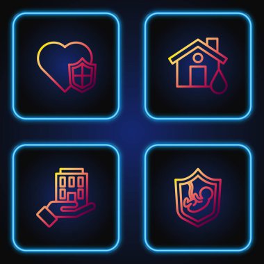 Yaşam sigortasını kalkanla, ev işiyle ve selle ayarla. Renk simgeleri. Vektör.