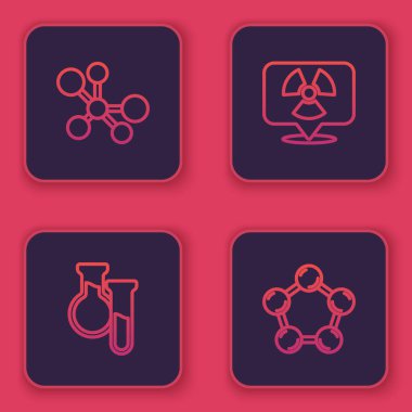 Molekül, deney tüpü ve matara yerleştirin. Radyoaktif konum ve konum. Mavi kare düğme. Vektör.