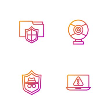 Dizüstü bilgisayarı ünlem işareti, Incognito modu, Doküman klasör koruması ve güvenlik kamerası ile ayarla. Renk simgeleri. Vektör.