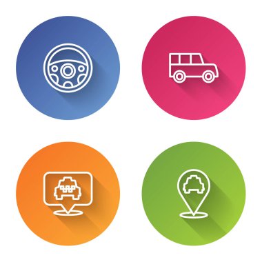 Halat direksiyonu, araba, taksi ve konumu ayarlayın. Renkli daire düğmesi. Vektör.