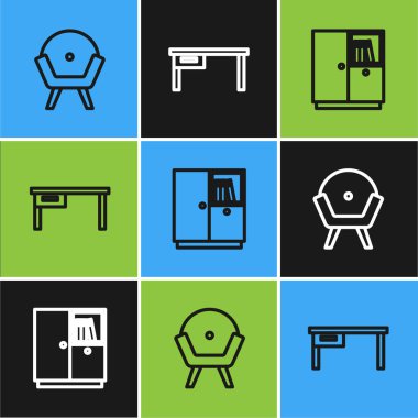 Kol koltuğu, gardırop ve ofis masa ikonu ayarlayın. Vektör.