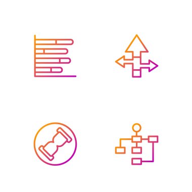 Hiyerarşi organizogram şeması, kumlu eski kum saati, turta bilgisi ve ok. Renk simgeleri. Vektör.