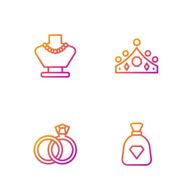 Mücevherli çanta, alyanslar, manken kolye ve kral tacı. Renk simgeleri. Vektör.