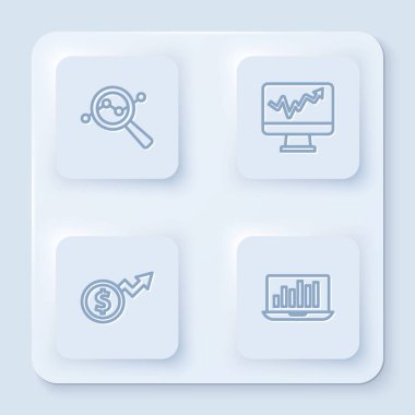 Set line Search data analysis Monitor with graph chart Financial growth dollar and Laptop. White square button. Vector.