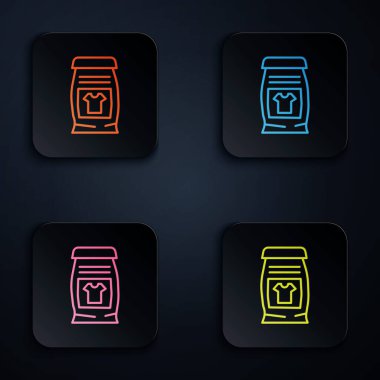 Siyah arkaplanda izole edilmiş otomatik çamaşır makinesi simgesi için renkli neon çizgisi deterjanı. Kare düğmelere simgeleri yerleştir. Vektör.
