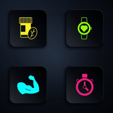 Set Stopwatch, Vitamin pill, Bodybuilder muscle and Smart. Black square button. Vector