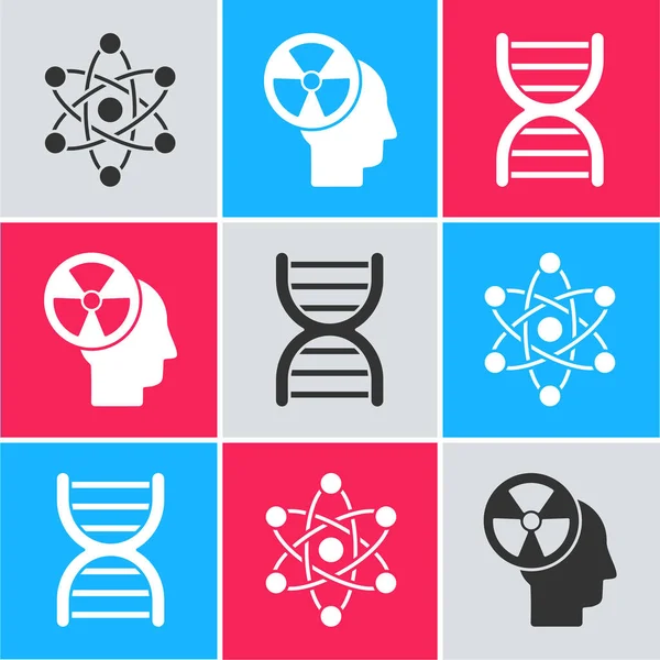 Atom 'u, insan kafasını, radyasyon ve DNA sembolünü ayarla. Vektör.