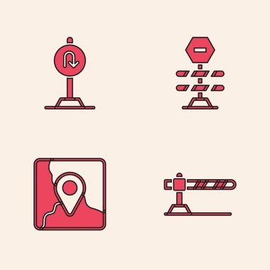 Park yeri bariyerini, arka yol işaretini, yol ve katlanmış haritayı konum simgesi simgesiyle ayarla. Vektör