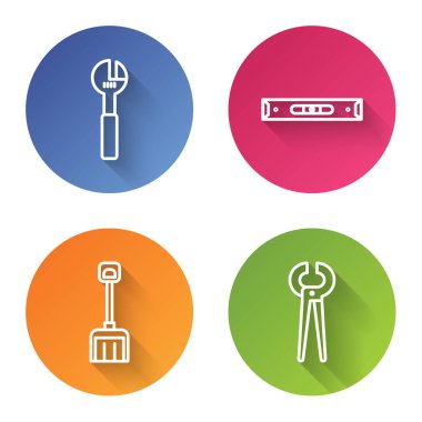Hat ayarlanabilir anahtarı, inşaat baloncuk seviyesi, kar küreği, kıskaç ve kerpeten. Renkli daire düğmesi. Vektör.