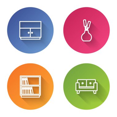 Gardırop, vazo, kütüphane kitaplığı ve kanepeyi ayarla. Renkli daire düğmesi. Vektör