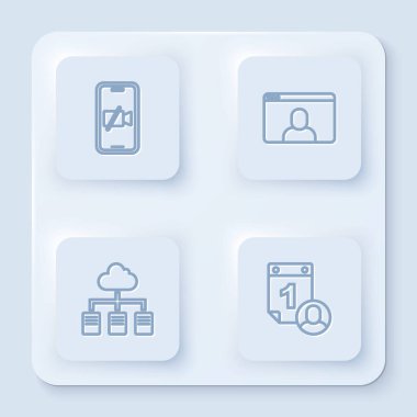 Kamerayı cep telefonuna, sohbet konferansına, online çalışmaya ve zaman yönetimine ayarlayın. Beyaz kare düğme. Vektör