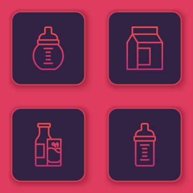 Bebek sütünü şişeye koy, şişe ve bardağa koy, paket pakete koy ve ver. Mavi kare düğme. Vektör