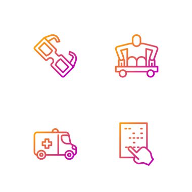 Kabartma yazılar, acil durum arabası, gözlük ve tekerlekli sandalyesiz adam. Renk simgeleri. Vektör