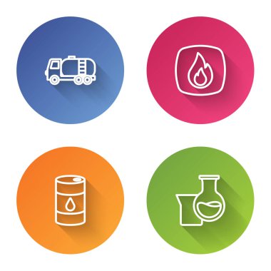 Hat hattı tankeri, yangın alevi, varil yağı ve petrol test tüpü. Renkli daire düğmesi. Vektör