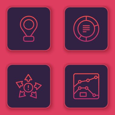 Satır Konumunu Ayarla, Bir çok yön oku, Pasta grafiği bilgisi ve grafik, grafik, diyagram. Mavi kare düğme. Vektör