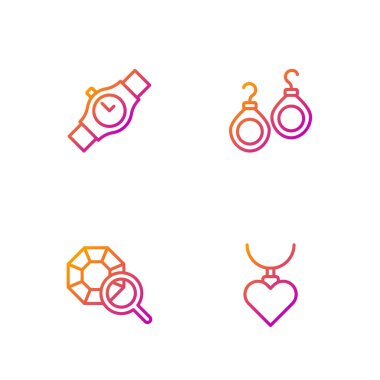 Kalp şeklinde kolyesi, mücevher taşı, bilek saati ve küpeleri olan bir hat çiz. Renk simgeleri. Vektör