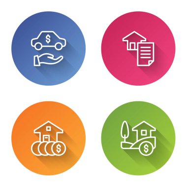Set line Car rental, House contract, with dollar and . Color circle button. Vector