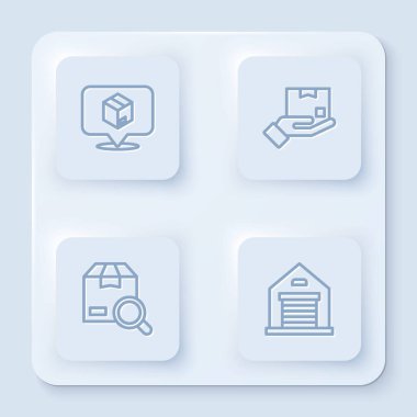 Satır konumunu karton kutu, teslimat el, arama paketi ve Depo ile ayarla. Beyaz kare düğme. Vektör