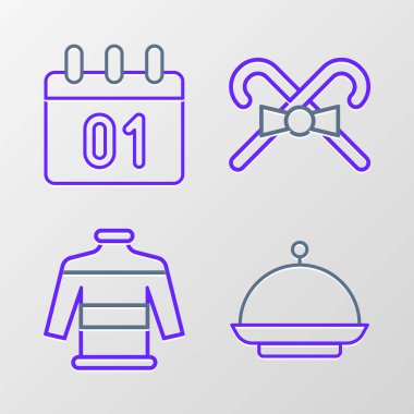 Tepsi, süveter, baston şeker ve takvim ikonu ile kaplı bir Noel dizisi. Vektör