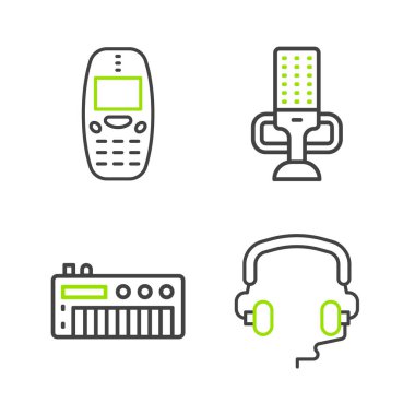 Set line Headphones, Music synthesizer, Microphone and Old mobile icon. Vector