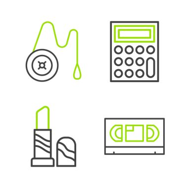 Set line VHS video cassette tape, Lipstick, Calculator and Yoyo toy icon. Vector