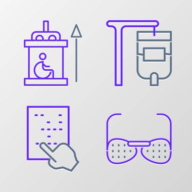 Kör gözlükler, körler alfabesi, serum torbası ve engelli simgesi için asansör ayarlayın. Vektör