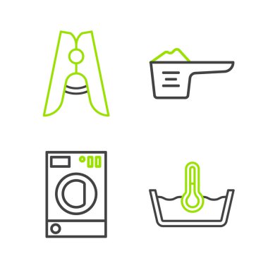 Hat sicakligi yikama, bulasik deterjani, çamaşır deterjani ve mandal simgesini ayarla. Vektör