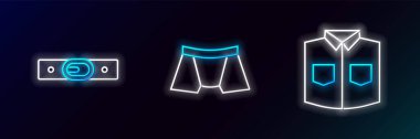 Set line Shirt, Belt and Men underpants icon. Glowing neon. Vector