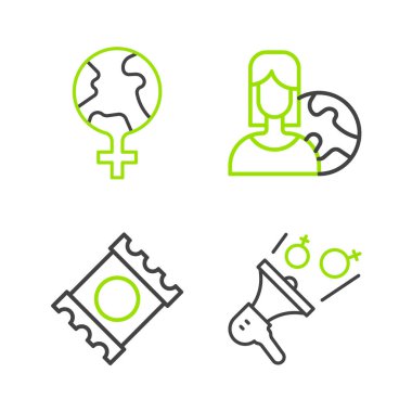 Set line Feminist activist, Condom package, Women from different countries and Feminism the world icon. Vector
