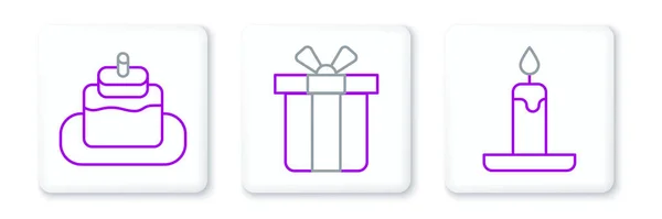 Set Line Burning Candle Cake Gift Box Icon Vector — Stock Vector