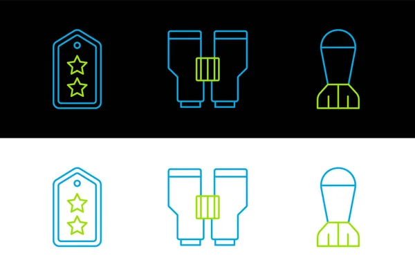 Setzen Sie Linie Fliegerbombe Militärrang Und Fernglas Symbol Vektor — Stockvektor