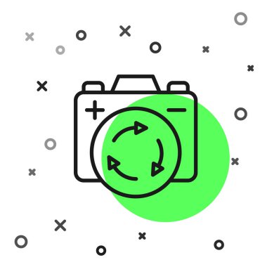 Black line Battery with recycle symbol icon isolated on white background. Battery with recycling symbol - renewable energy concept.  Vector