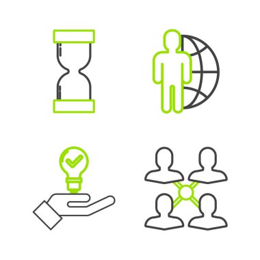 Set line Project team base, Light bulb in hand, Globe people and Old hourglass with flowing sand icon. Vector