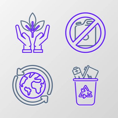 Geri dönüşüm sembollü geri dönüşüm kutusunu, Dünya gezegenini ve geri dönüşüm kutusunu benzin için tüp ve çevre koruma ikonunun bitki eli için ayarlayın. Vektör