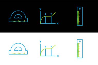 Çizgi cetveli, ölçüm dereceleri için açıölçer ızgarası ve turta grafiği bilgi simgesi ayarla. Vektör