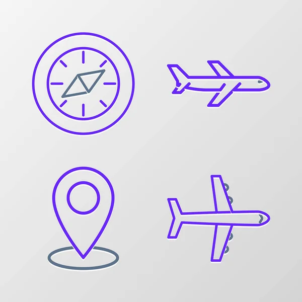 Set line Plane, Map pin, and Compass icon. Vector — 스톡 벡터