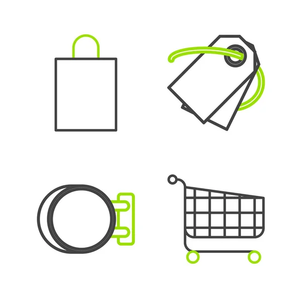 Warenkorb aufstellen, Schild aufhängen, Preisschild für leere Etikettenschablone und Papier-Einkaufstaschen-Symbol. Vektor — Stockvektor