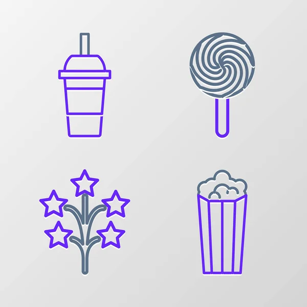 Set line Popcorn in cardboard box, Fireworks, Lollipop and Paper glass with drinking straw and water icon. Vector — Wektor stockowy
