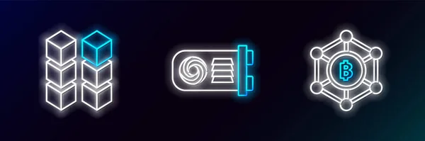 Setzen Blockchain-Technologie Bitcoin und Mining Farm Symbol. Leuchtendes Neon. Vektor — Stockvektor