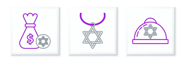 Definir linha kippah judaica com estrela de David, saco de dinheiro e moeda e ícone de cadeia de colar Star David. Vetor —  Vetores de Stock