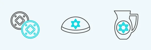 Set line Decanter με αστέρι του David, Εβραϊκό νόμισμα και Kippah εικονίδιο. Διάνυσμα — Διανυσματικό Αρχείο