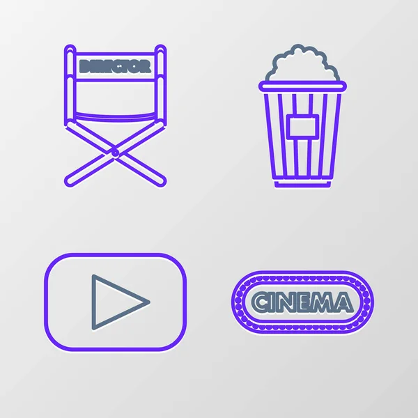 Set line Cinema poster design template, Play, Popcorn cardboard box and Director movie chair icon. Vector — Vector de stock