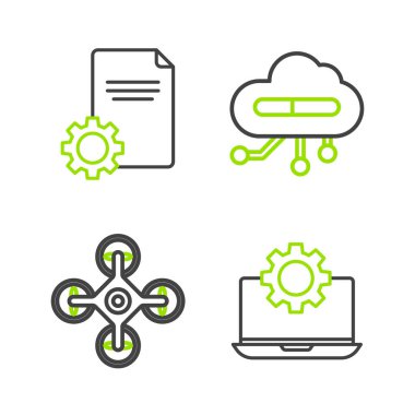 Set line Laptop and gear, Drone, Internet of things and File document icon. Vector