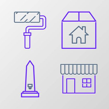 Set line Shopping building or market store, Washington monument, Cardboard box with house and Paint roller brush icon. Vector